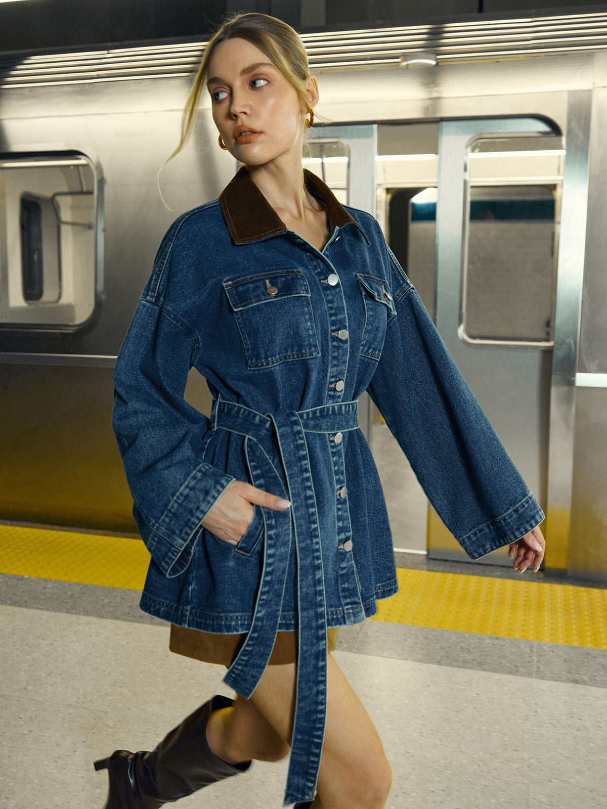 Long Trendy Denim Jacket for Women with Belt and Pockets