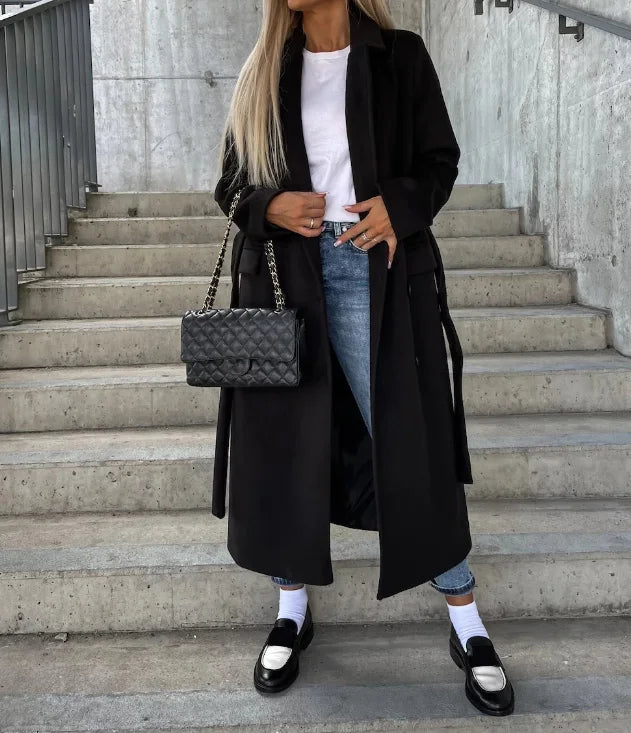 Elegant chic tailored women's wool coat with belt