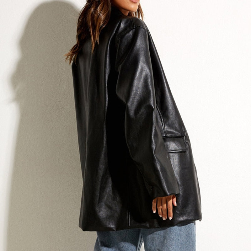 Oversized Women's Blazer with PU Leather and Button Closure