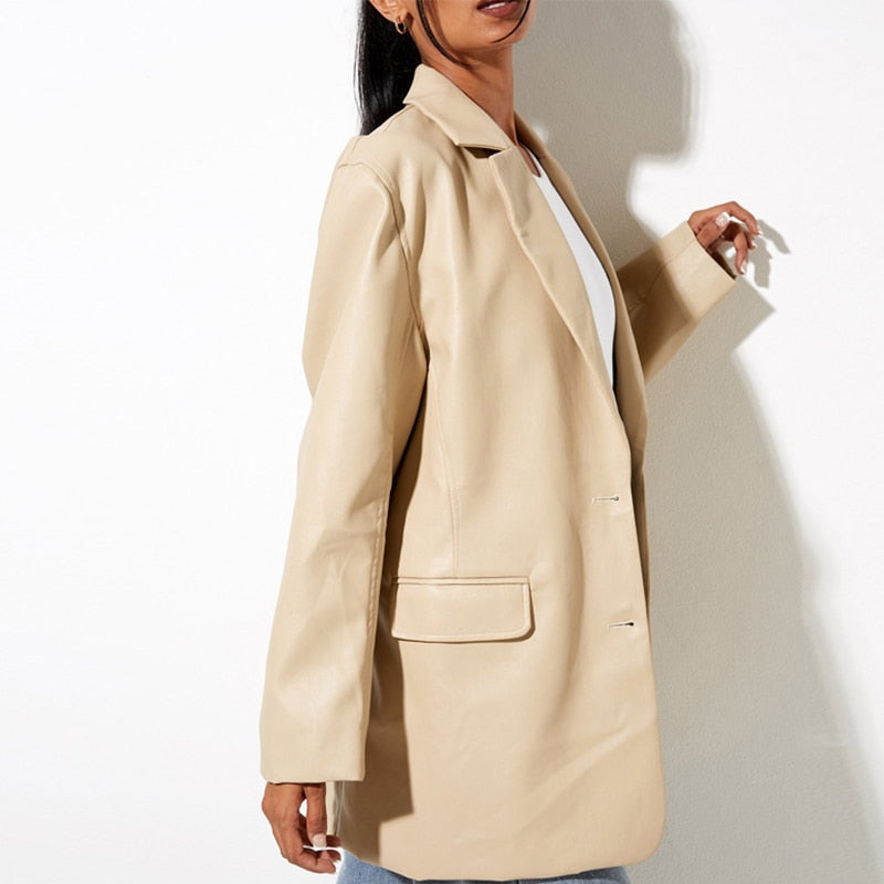 Oversized Women's Blazer with PU Leather and Button Closure
