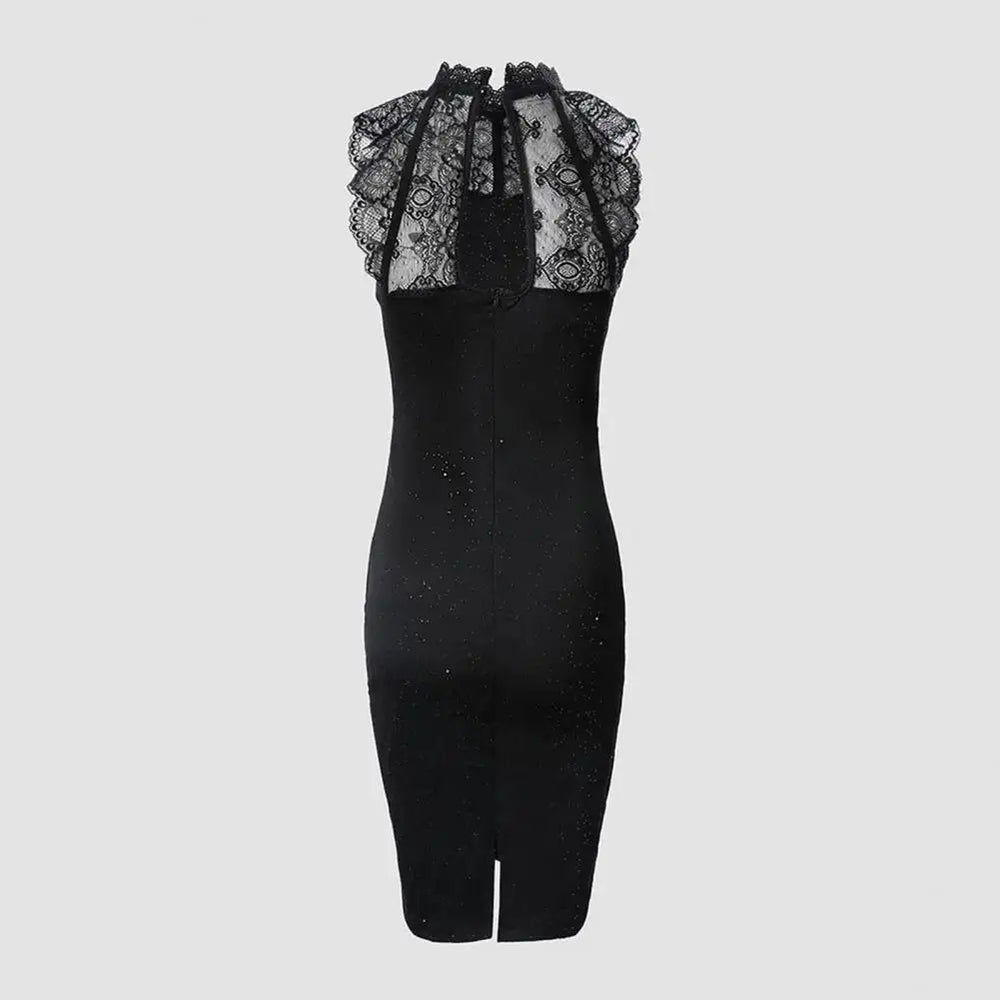 Glanzende Dames Cocktailjurk met Kanten Hals en Achtersplit
