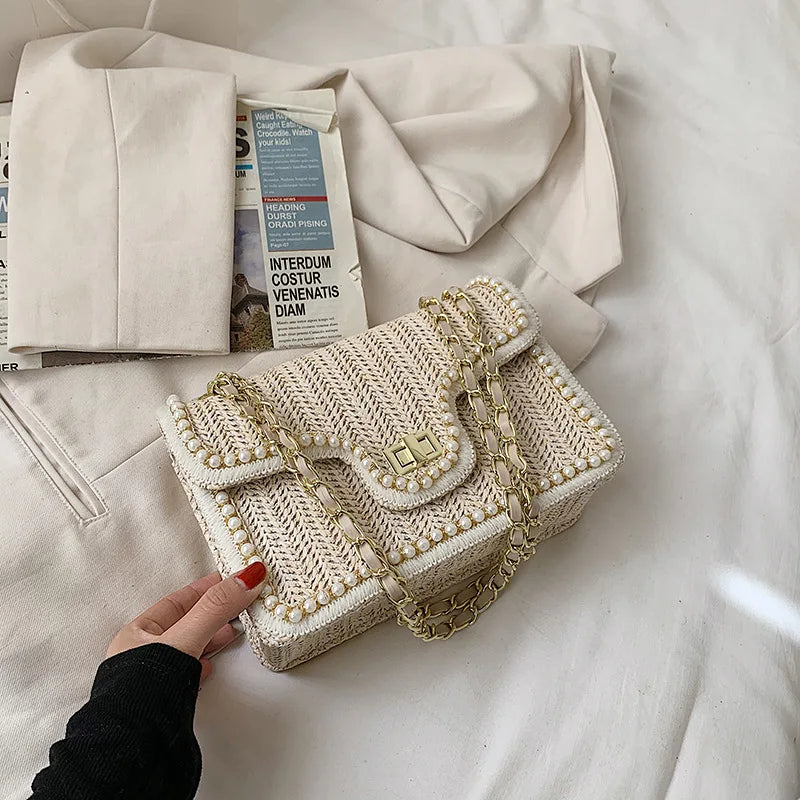 Baili | Elegante Rieten Schoudertas met Pareldetails