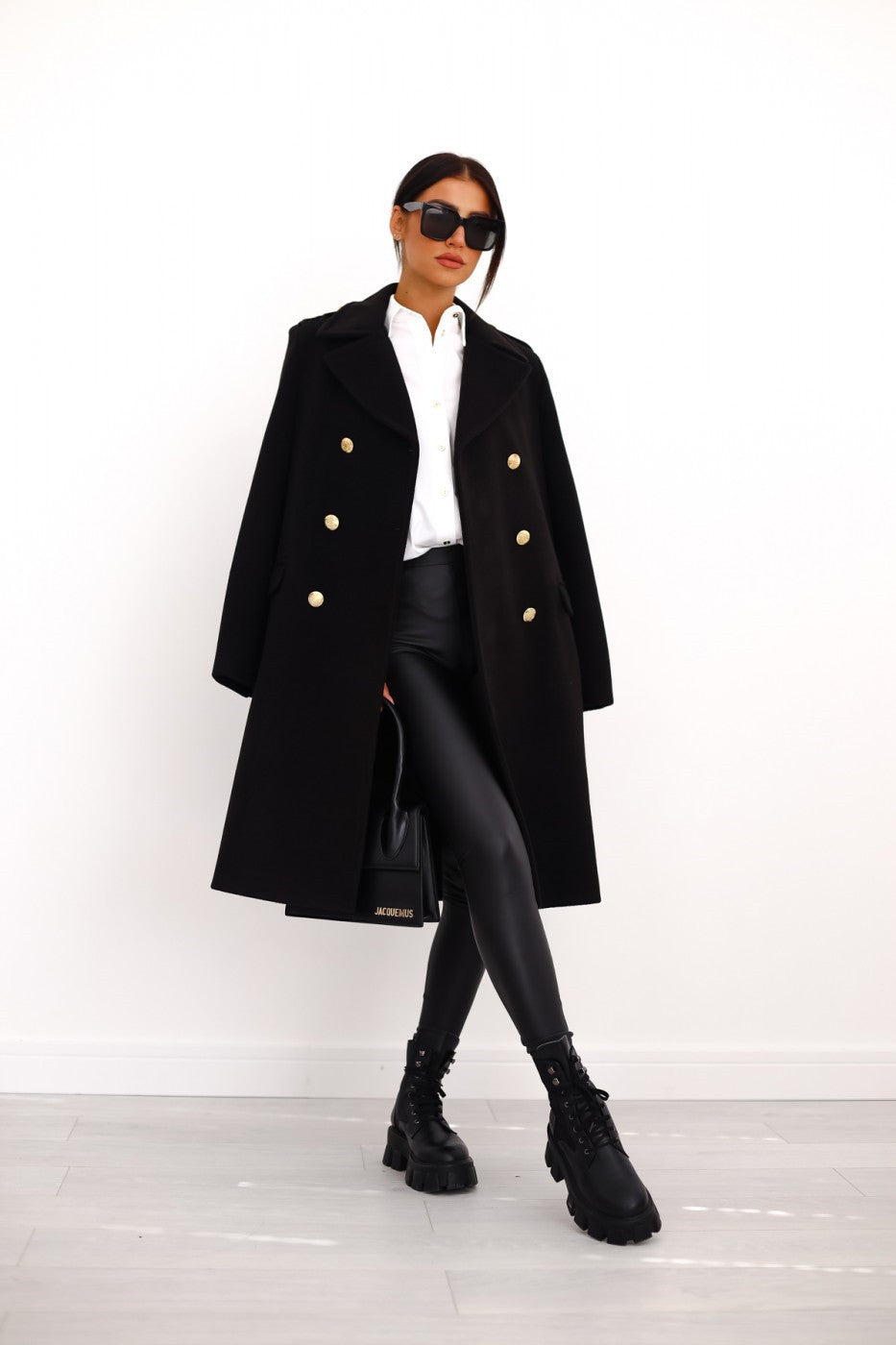 Elegant chic women's wool coat with button detail