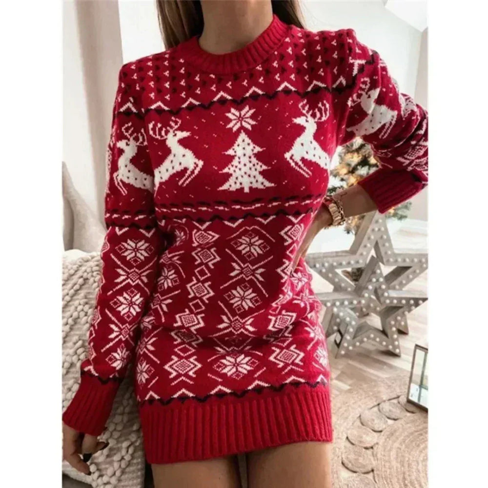 Warme Gebreide Dames Sweaterjurk met Rendierprint en Ribboorden