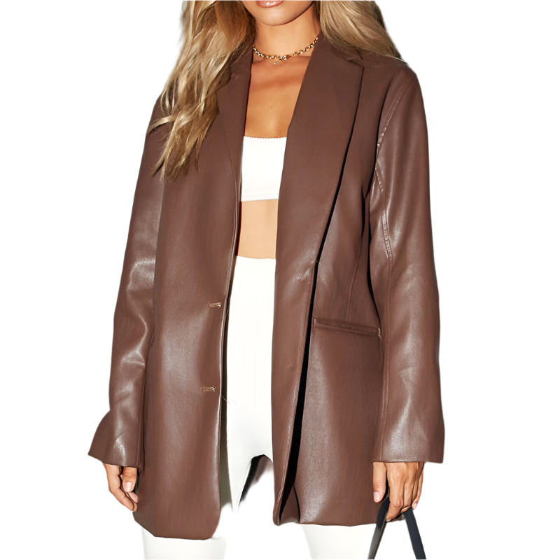 Oversized Women's Blazer with PU Leather and Button Closure