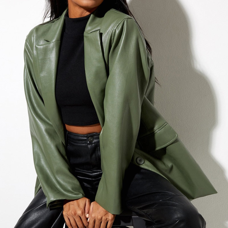 Oversized Women's Blazer with PU Leather and Button Closure