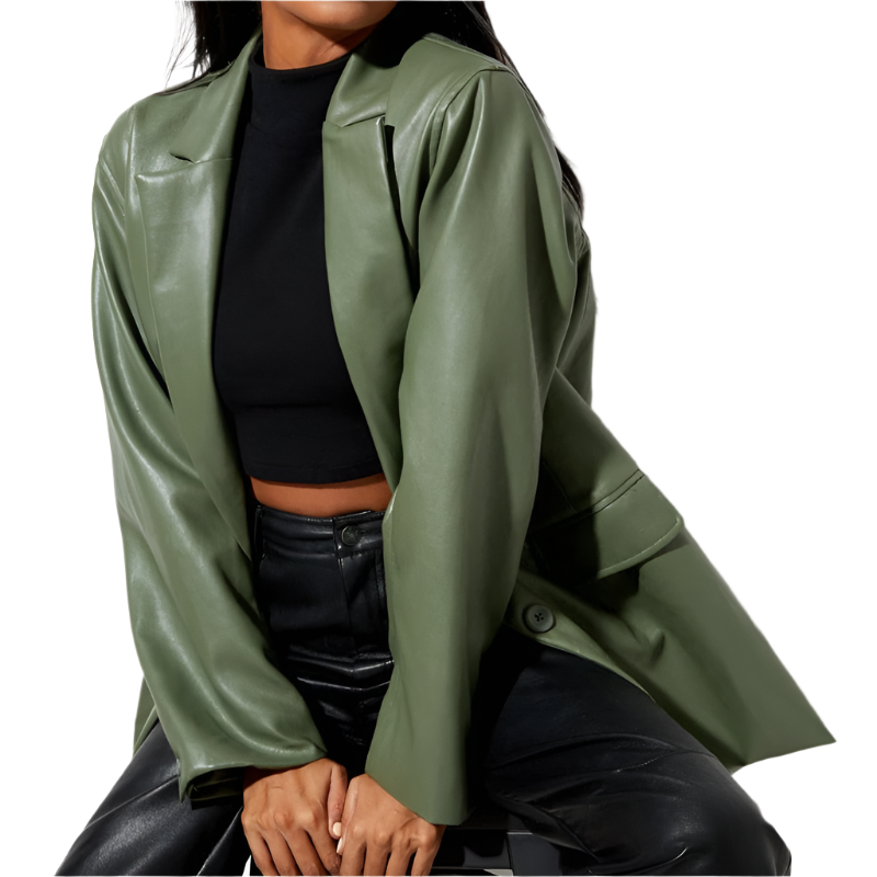 Oversized Women's Blazer with PU Leather and Button Closure