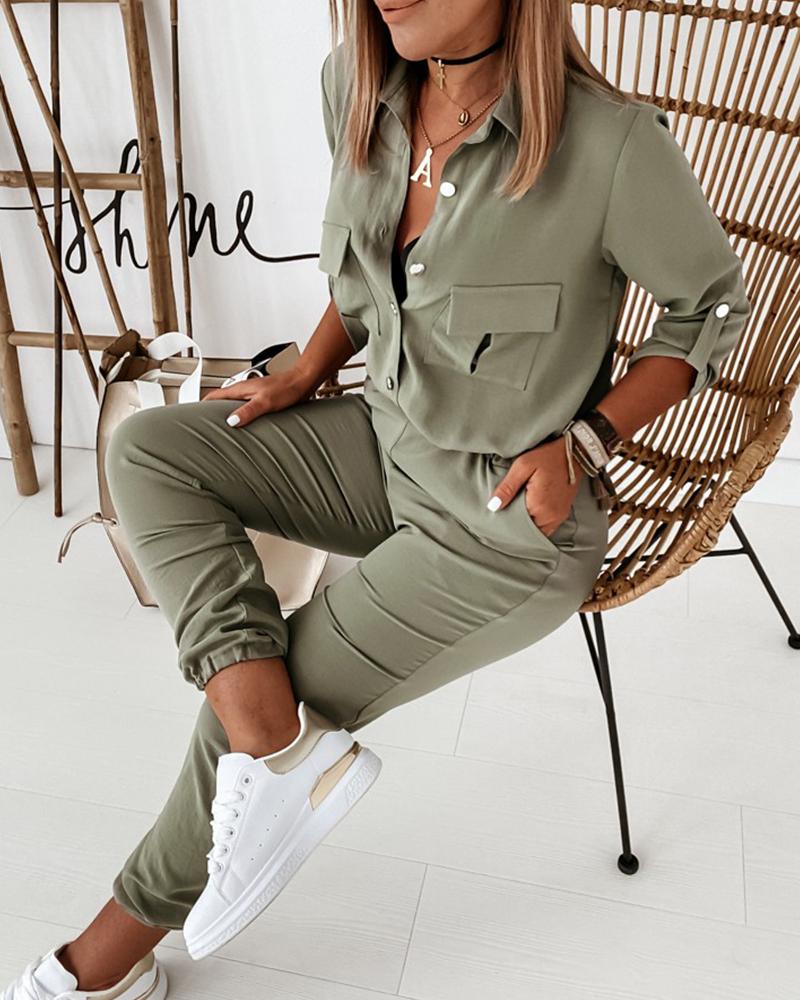 Casual Groene Dames Utility Jumpsuit Met Lange Mouwen
