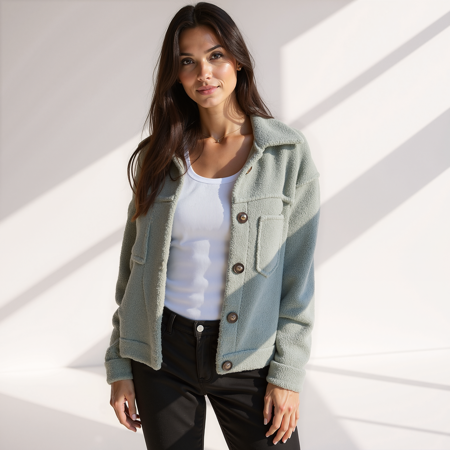 Trendy Zachte Dames Teddy Herfstjas met Knopen en Zakken