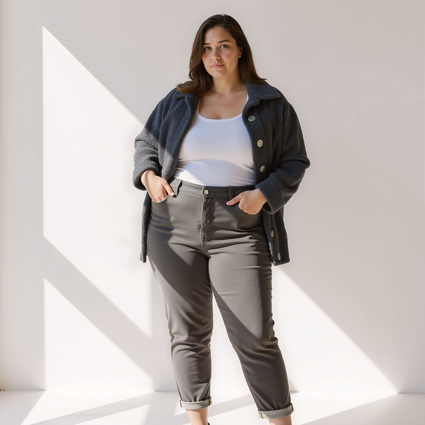 Trendy Zachte Dames Teddy Herfstjas met Knopen en Zakken