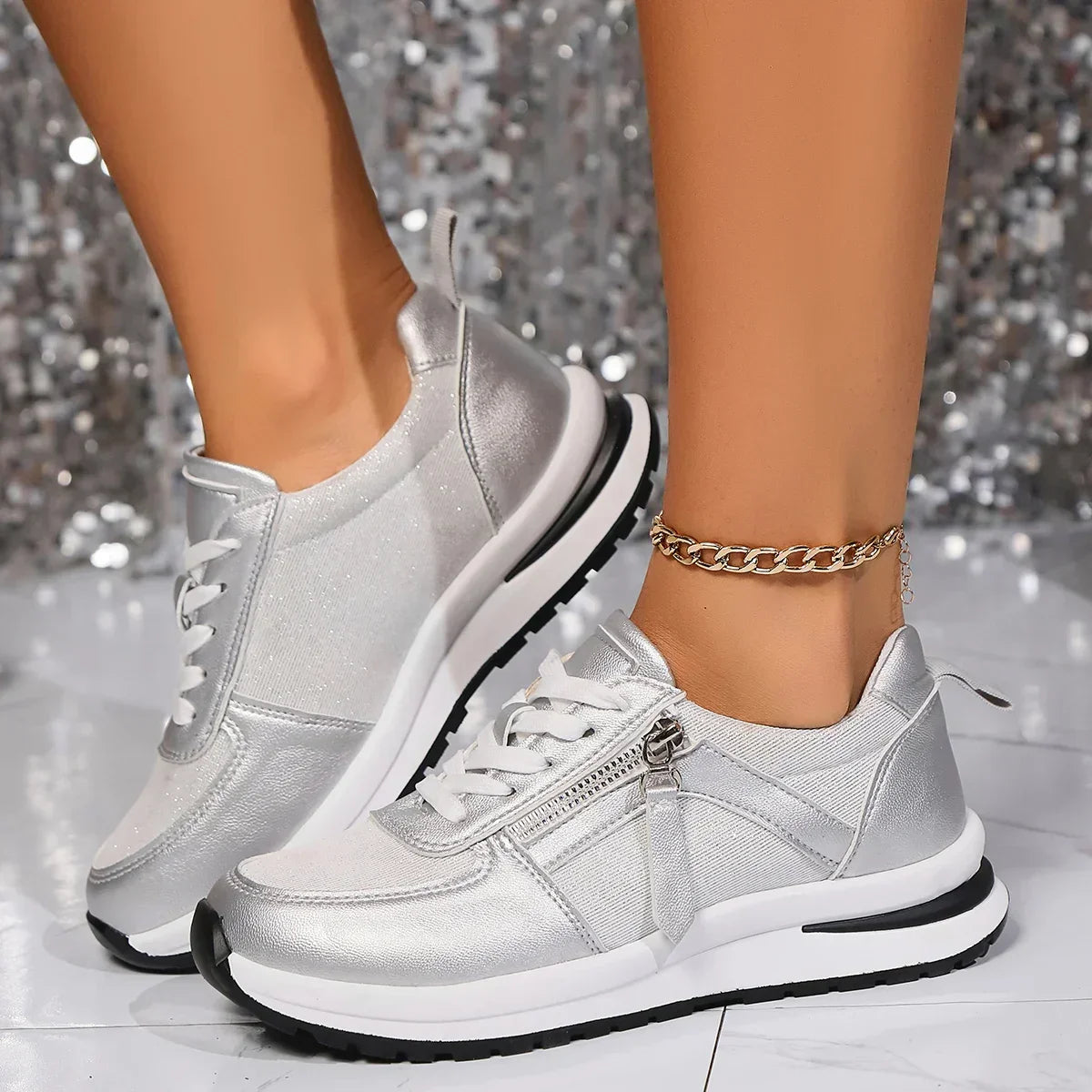 Dames Glitterende Orthopedische Sneakers Met Comfortabele Zool