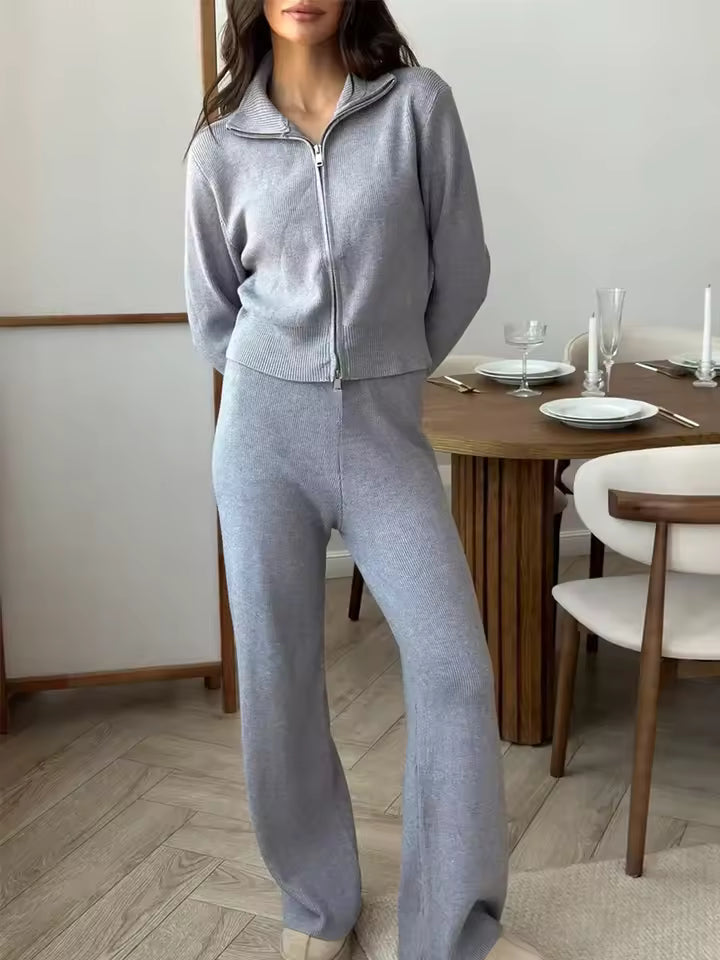 Trendy Dames 2 Delige Loungewear Set met Ritsvest en Wijde Broek