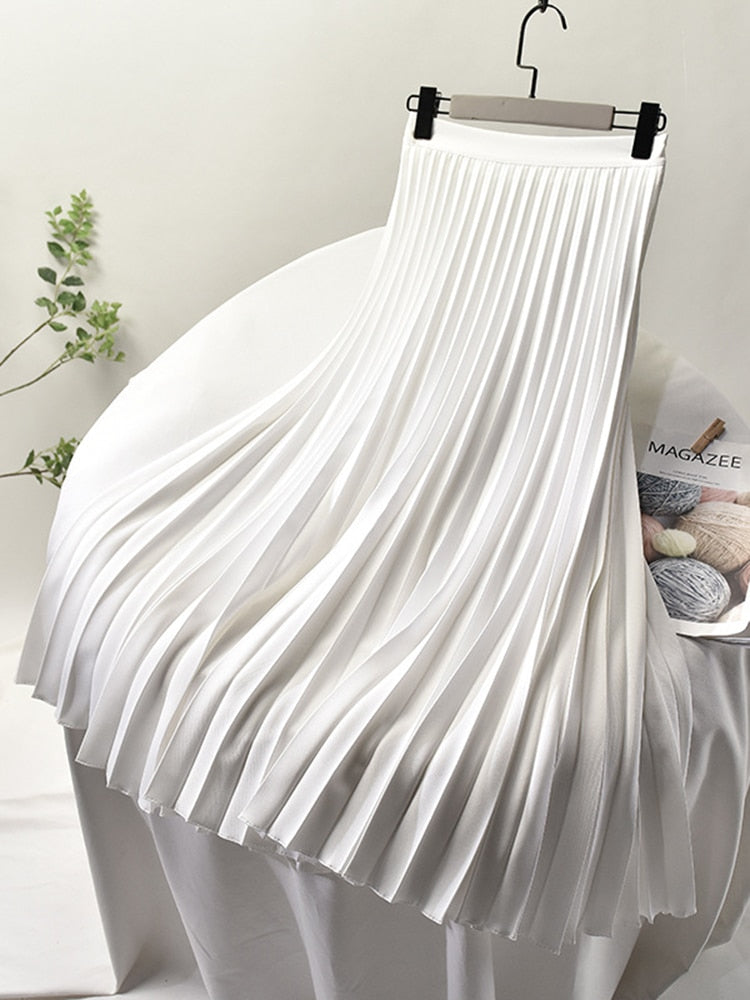 Elegante Dames Plissé Midi Rok met Hoge Taille