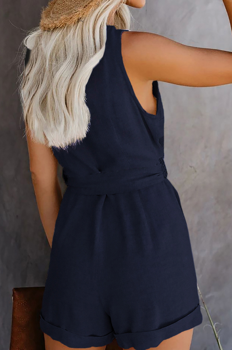 Francina | Linen Playsuit with Button Closure and Tie Detail