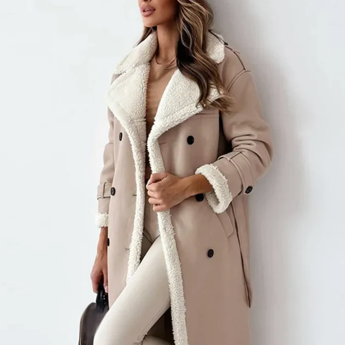 Elegante Warme Lange Teddy Dames Jas met Ceintuur