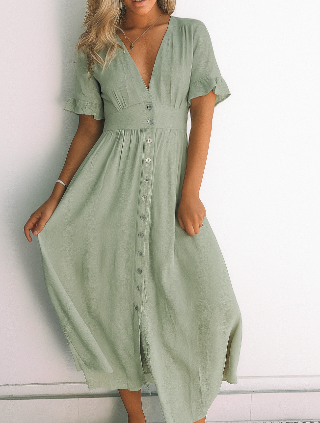 Robe Midi d'Été Élégante pour Femmes avec Col V et Fermeture à Boutons