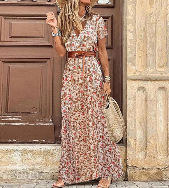 Robe maxi bohème estivale pour femmes avec imprimé et col en V