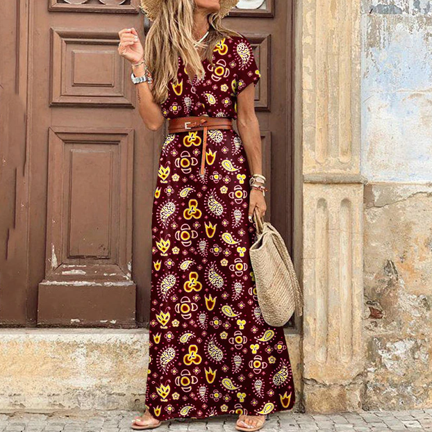 Robe maxi bohème estivale pour femmes avec imprimé et col en V