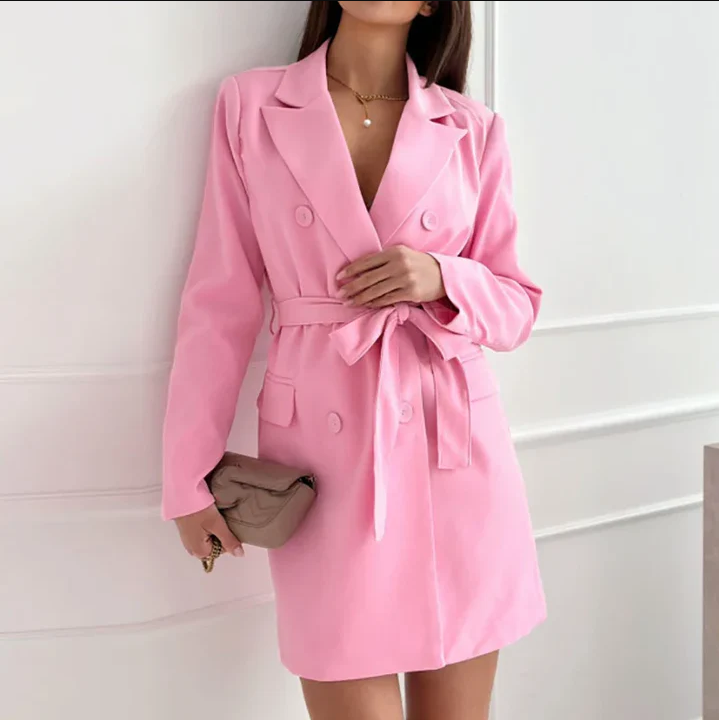 Chique Dames Blazer Jurk met Ceintuur en Knopen