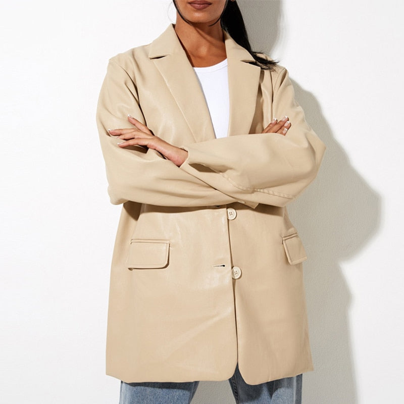 Oversized Women's Blazer with PU Leather and Button Closure