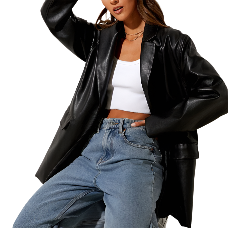 Oversized Women's Blazer with PU Leather and Button Closure