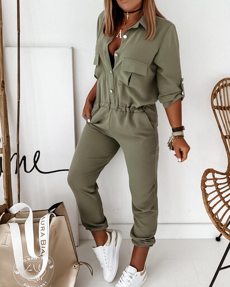 Casual Groene Dames Utility Jumpsuit Met Lange Mouwen