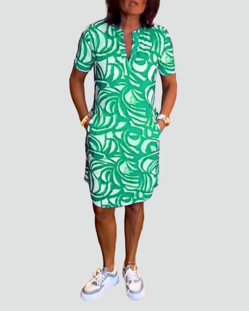 Fabiola | Jurk met Korte Mouwen en Abstracte Print