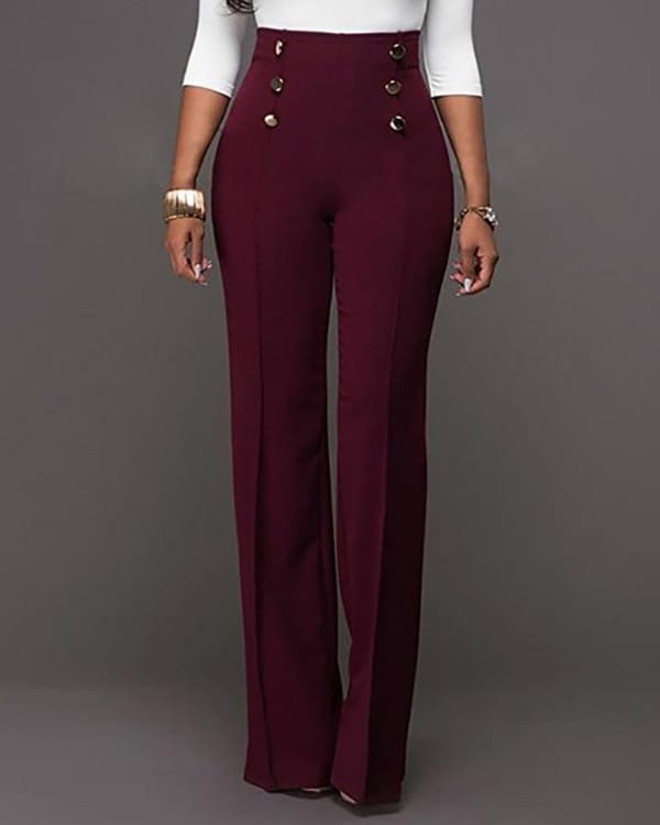 Elegante Hoge Taille Dames Broek in Bordeaux met Knopen
