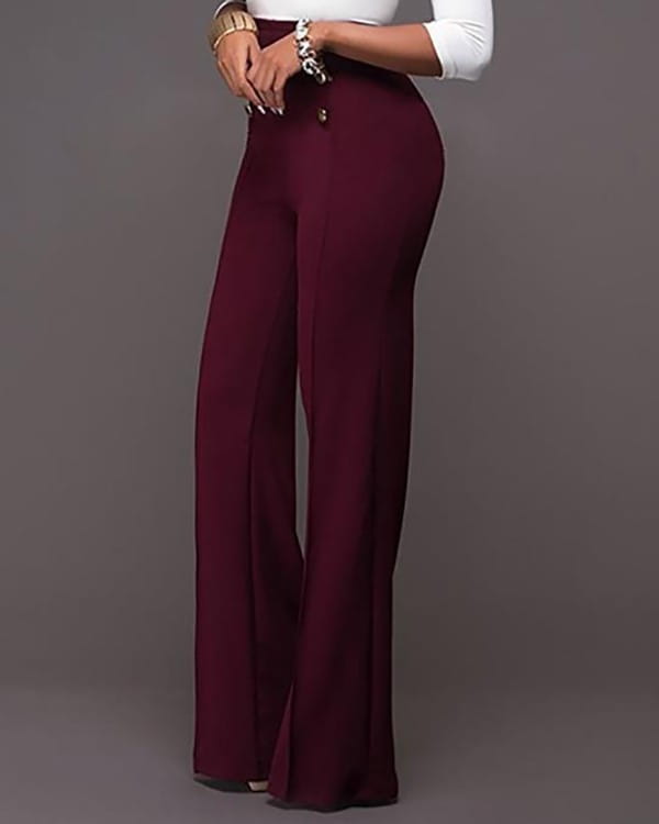 Elegante Hoge Taille Dames Broek in Bordeaux met Knopen