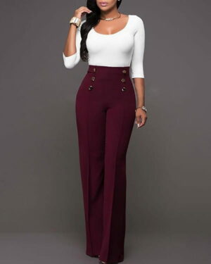 Elegante Hoge Taille Dames Broek in Bordeaux met Knopen