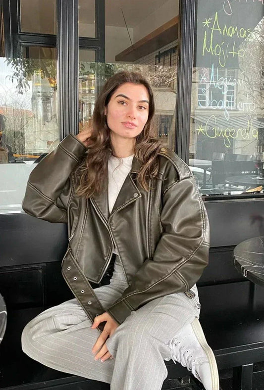 Trendy Oversized Dames PU Leer Bikerjack met Riem Detail