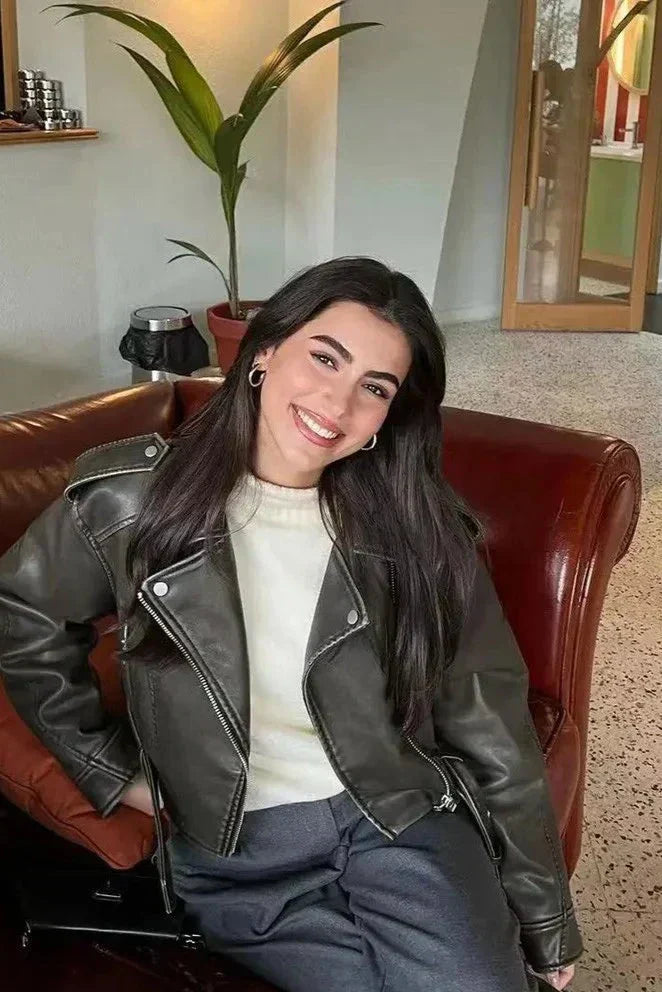 Trendy Oversized Dames PU Leer Bikerjack met Riem Detail