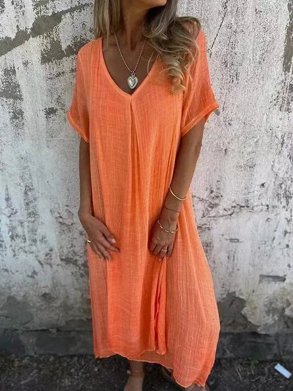 Betsy | Cotton-Linen V-Neck Midi Dress