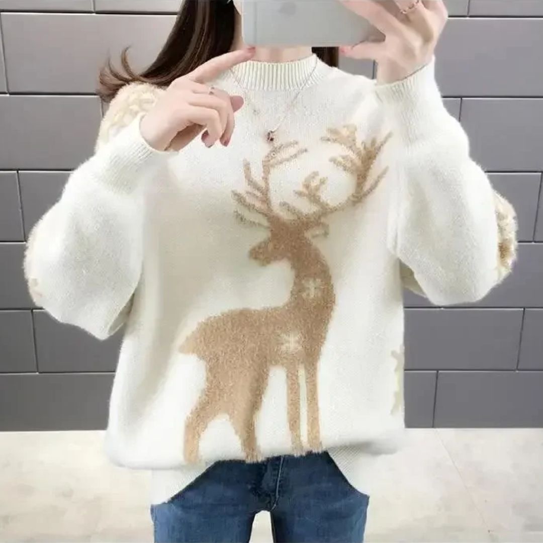 Zachte Oversized Dames Kersttrui met Rendierprint en Ribboorden