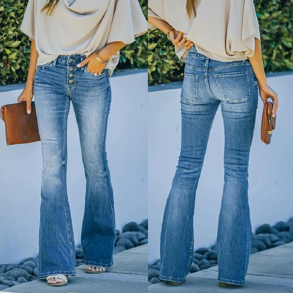 Elegante Dames Wijde Jeans met Hoge Taille en Knoopsluiting