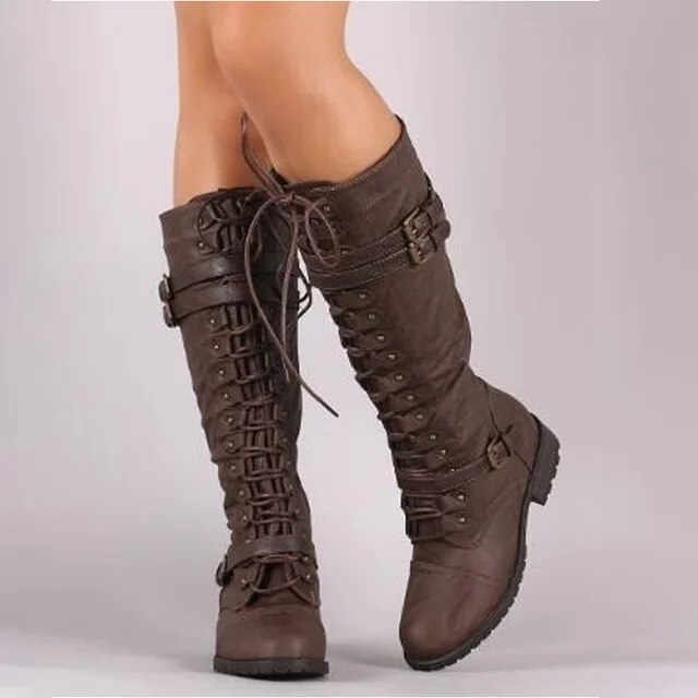 Bottes hautes robustes et tendance pour femmes avec laçage et boucles