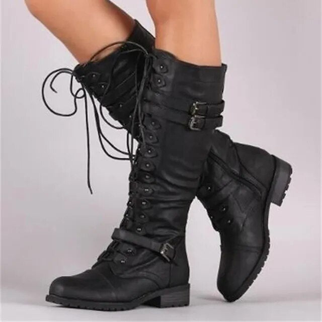 Bottes hautes robustes et tendance pour femmes avec laçage et boucles