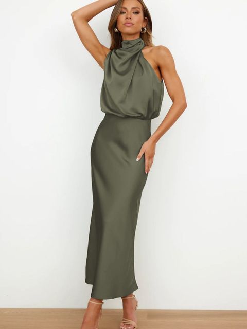 Elegante Satijnen Gala Midi Jurk Met Halterhals Voor Dames