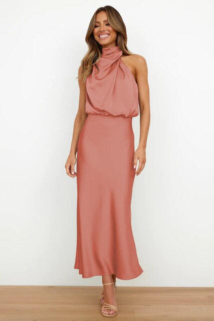 Elegante Satijnen Gala Midi Jurk Met Halterhals Voor Dames