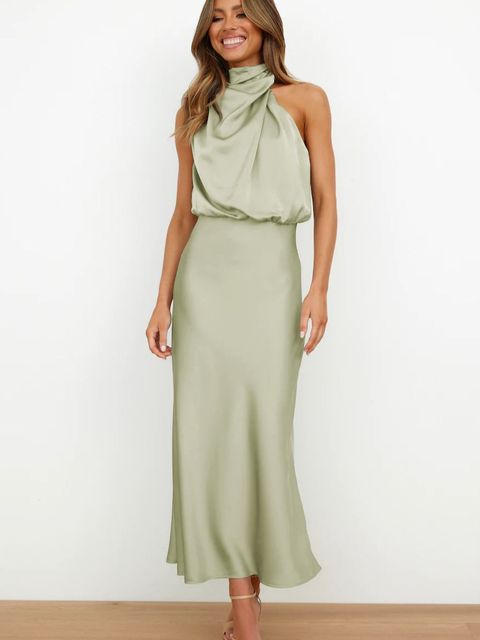 Elegante Satijnen Gala Midi Jurk Met Halterhals Voor Dames