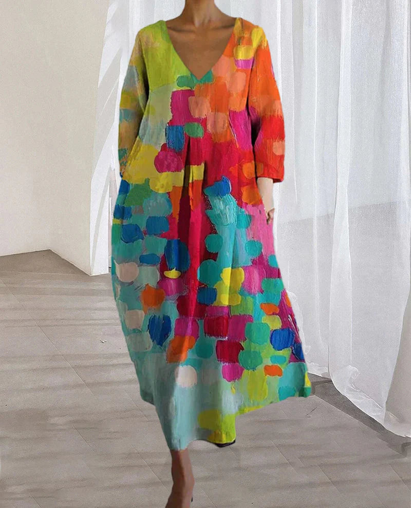 Zomerse Dames Oversized Midi Jurk Met V Hals En Print