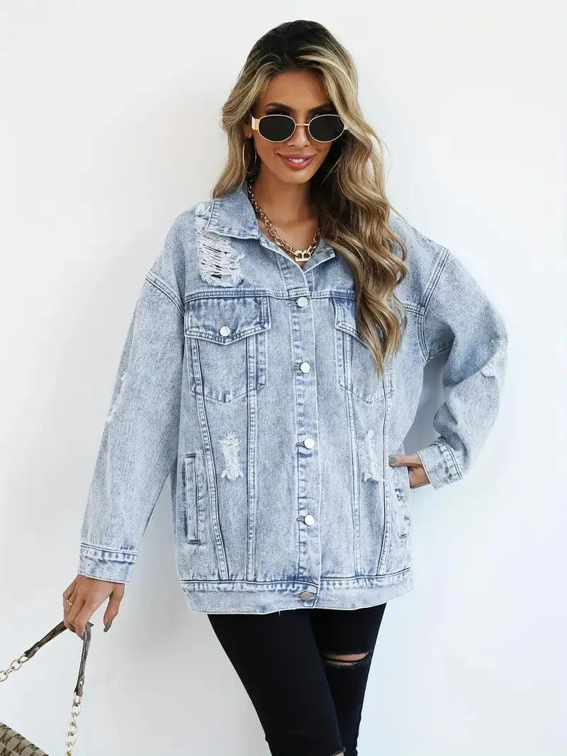 Dames Oversized Denim Jas met Stoere Look en Drukknoopsluiting