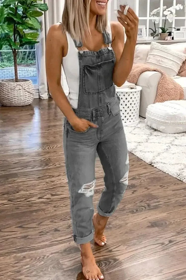 Trendy Dames Denim Jumpsuit met Ripped Details