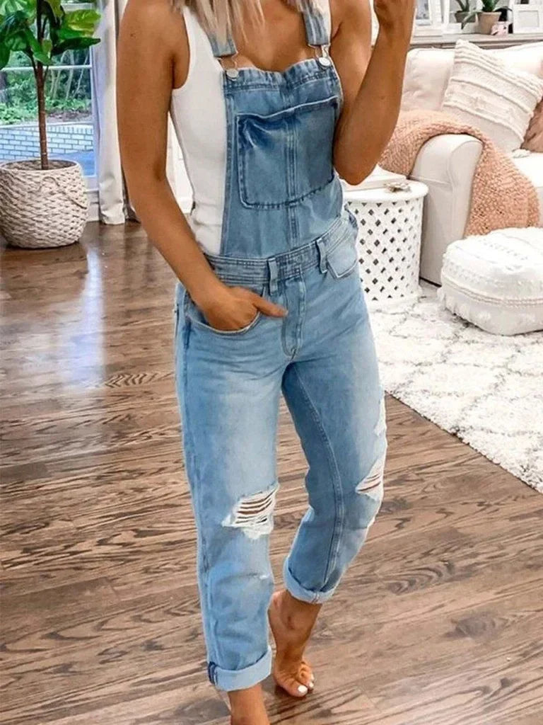Trendy Dames Denim Jumpsuit met Ripped Details