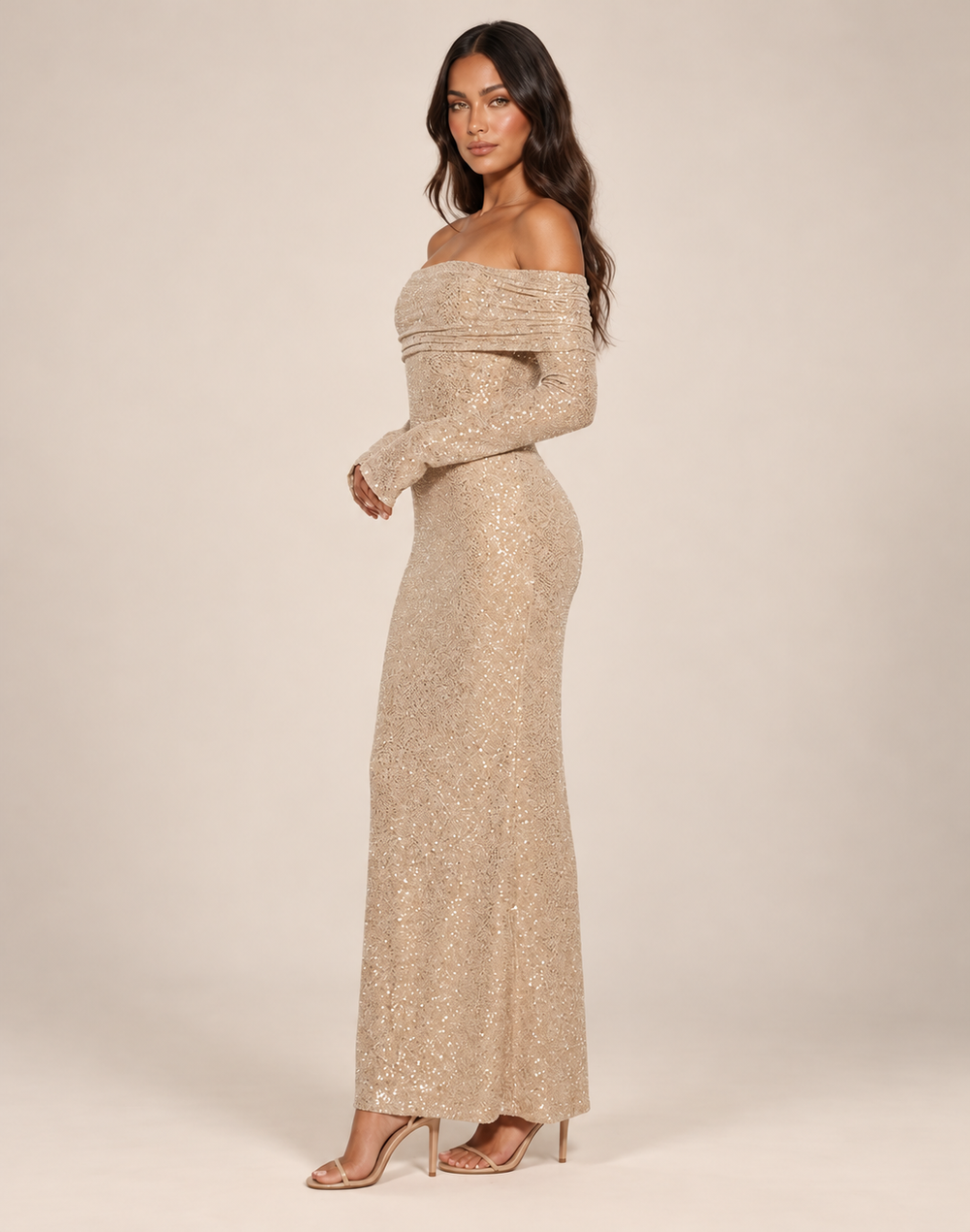 Glinsterende Dames Maxi Jurk met Off-Shoulder Hals en Lange Mouwen