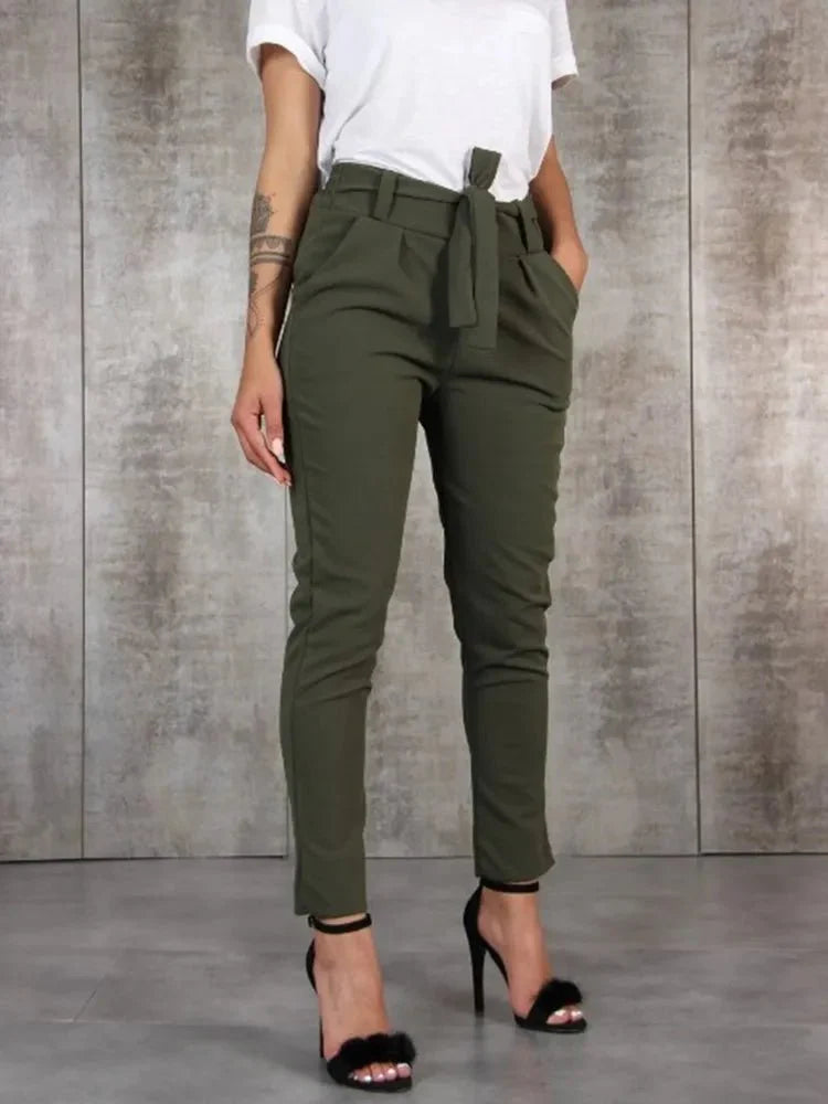 Elegant High Waist Women's Trousers with Belt