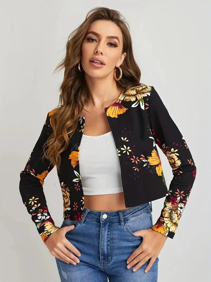 Elegante Dames Blazer met Bloemenprint en Open Voorkant