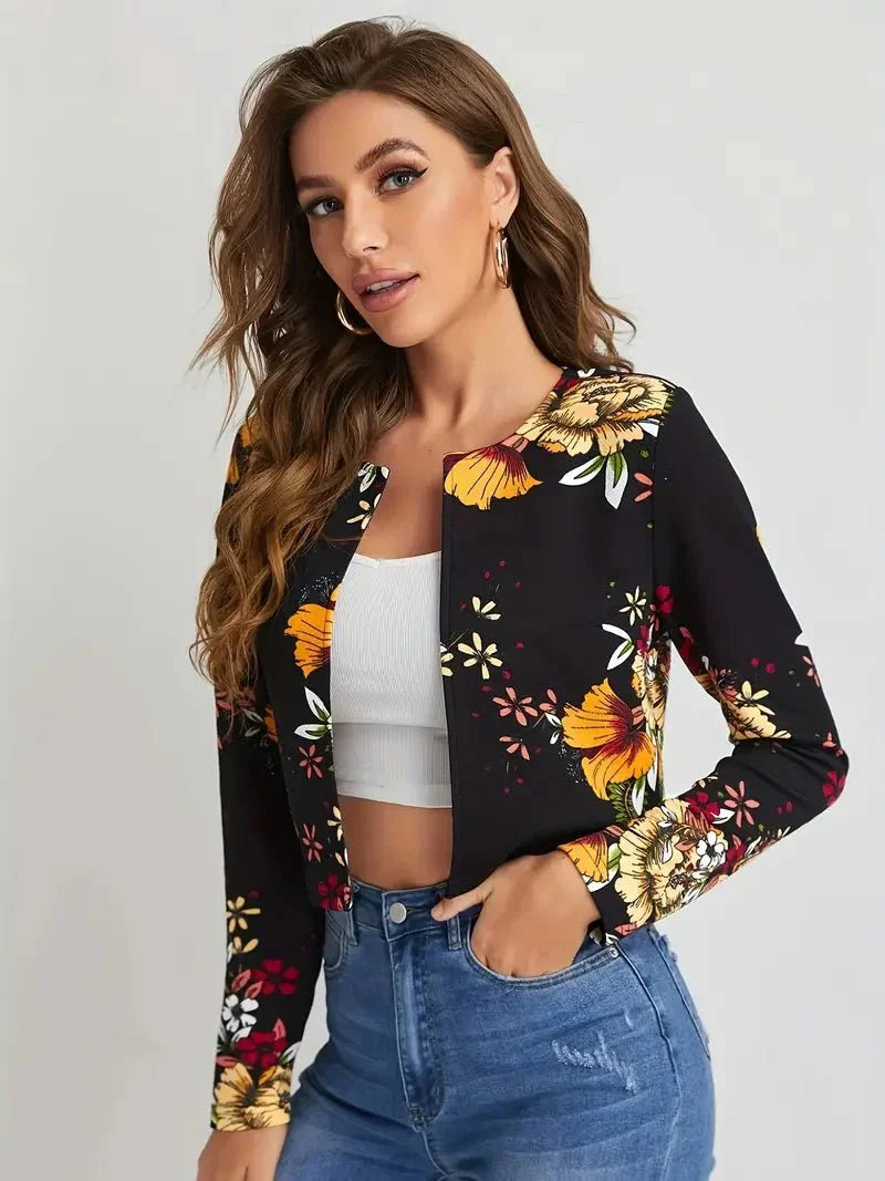 Elegante Dames Blazer met Bloemenprint en Open Voorkant