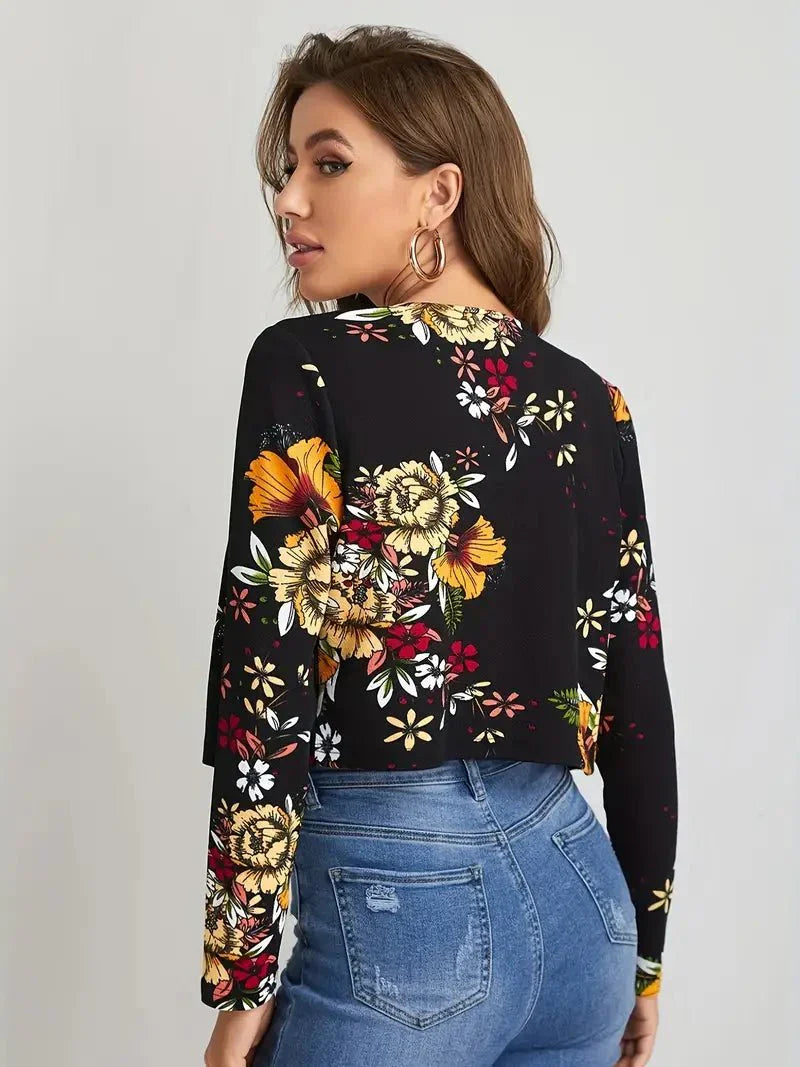 Elegante Dames Blazer met Bloemenprint en Open Voorkant