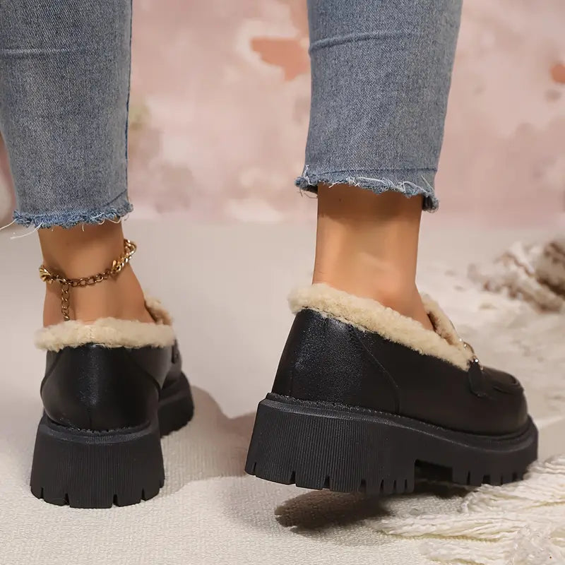 Warm Black Women's Loafers with Fur Lining